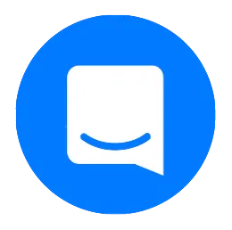 Blue circle with a white speech bubble and a curved smile line inside.